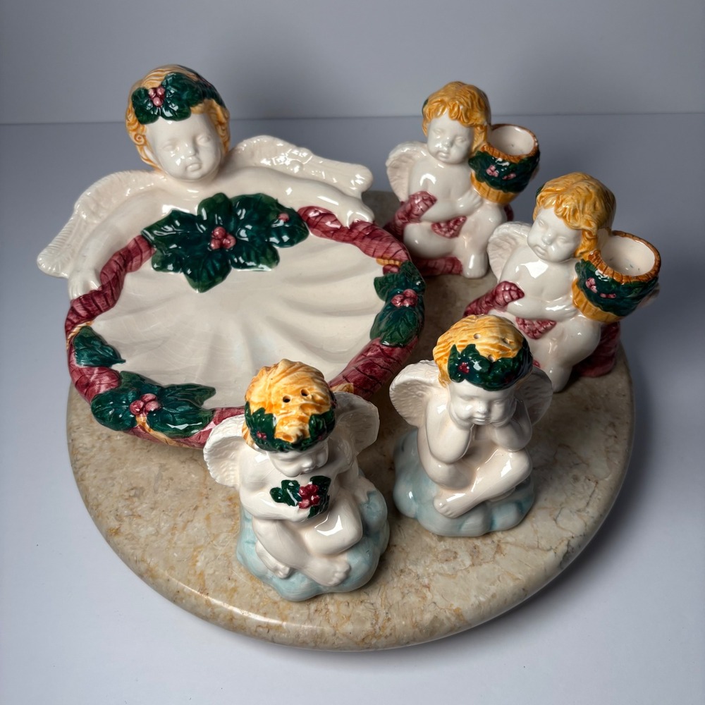 Vintage Christmas Angel Cherub Ceramic 5pc Set‎ Bowl Candle Holders Shakers